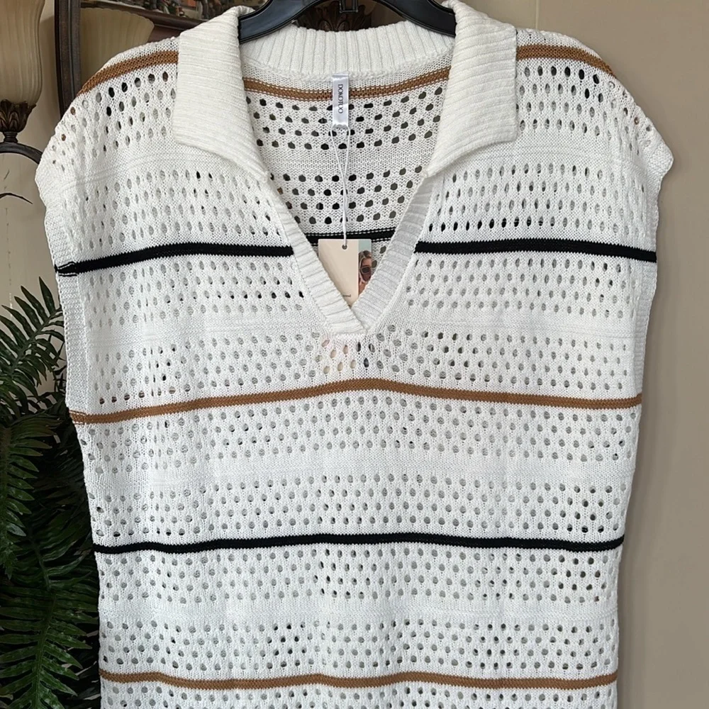 Brand New Dokotoo White Striped Crochet Knit Sweater Dress Swim Coverup V-Neck